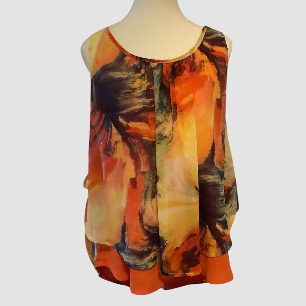 EMILIO PEPE VIBRANT ORANGE & YELLOW GRAPHIC PRINT SLEEVELESS BLOUSE/ Size M